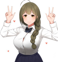 1girl ahoge bow bowtie braid breasts brown_hair button_gap collared_shirt commentary_request double_w hair_over_shoulder heart highres idolmaster idolmaster_shiny_colors kuwayama_chiyuki large_breasts long_braid long_hair looking_at_viewer pleated_skirt senju_(snz0) shirt shirt_tucked_in simple_background single_braid skirt solo upper_body w white_background white_shirt yellow_eyes rating:Sensitive score:26 user:danbooru
