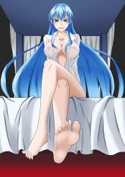 10s 1girl absurdres akame_ga_kill! aqua_hair barefoot bed blue_eyes blue_hair breasts cleavage colored_eyelashes dress_shirt esdeath feet foot_focus highres large_breasts legs crossed_legs long_hair long_sleeves looking_at_viewer matching_hair/eyes naked_shirt nipples no_bra on_bed shirouzu_myuuta shirt sitting soles solo stitched tattoo thighs third-party_edit toes rating:Questionable score:81 user:reireirei