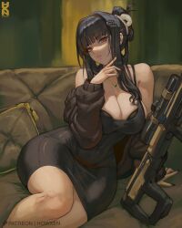  1girl barcode barcode_tattoo black_bra black_dress black_hair black_nails blunt_bangs bra breast_tattoo breasts brown_sweater couch d_(killer_wife)_(nikke) d_(nikke) dongtan_dress dress goddess_of_victory:_nikke gun heart heart_necklace holding holding_weapon howxen large_breasts long_hair meme_attire nail_polish necklace off_shoulder official_alternate_costume patreon_username red_eyes rifle signature sitting sniper_rifle solo sweater tattoo thighs underwear weapon wide_hips  rating:Sensitive score:26 user:Leksa