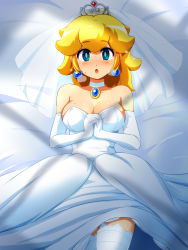 1girl :o absurdres bare_shoulders bed_sheet blonde_hair blue_eyes blush breasts breath bridal_veil choker cleavage dress earrings elbow_gloves gloves highres jewelry konpeto long_hair lying mario_(series) medium_breasts nintendo on_back own_hands_clasped own_hands_together pendant princess_peach princess_peach_(wedding) solo sweat thighhighs tiara veil wedding_dress white_gloves white_thighhighs rating:Sensitive score:65 user:danbooru