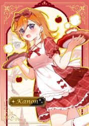  1girl apple apron blush border bow bow_hairband breasts collarbone commentary cowlick dress feet_out_of_frame flying_sweatdrops food frilled_dress frills fruit hair_between_eyes hairband highres holding holding_tray leg_up looking_at_viewer love_live! love_live!_superstar!! maid medium_breasts medium_hair neck_ribbon open_mouth orange_hair ornate_border outline plaid plaid_bow plaid_dress plaid_hairband puffy_short_sleeves puffy_sleeves purple_eyes red_bow red_dress red_hairband red_ribbon ribbon shibuya_kanon short_dress short_sleeves socks solo starringooo steam tray white_apron white_socks yellow_outline zoom_layer 