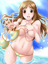 1girl :o bikini blush bow bow_panties breasts brown_eyes brown_hair censored convenient_censoring covering_breasts covering_privates curvy day embarrassed groin highres large_breasts light_rays long_hair lowleg lowleg_bikini navel no_bra open_mouth panties partially_submerged photokano shiny_skin solo string_bikini striped_bikini striped_clothes submerged sunbeam sunlight swimsuit thigh_gap thighs topless underwear wardrobe_malfunction water yaso_shigeru yunoki_rina rating:Questionable score:33 user:danbooru
