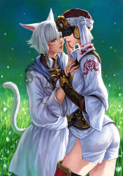  10s 2girls animal_ears bad_id bad_pixiv_id blonde_hair blue_eyes cat_ears cat_tail facial_mark final_fantasy final_fantasy_xiv goggles gradient_background green_background hand_on_another&#039;s_face hat highres kacyu mask miqo&#039;te multiple_girls open_mouth outdoors revision short_hair smile tail thighs white_hair y&#039;shtola_rhul yda_(ff14) yuri  rating:Sensitive score:33 user:danbooru