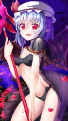  1girl bat_(animal) bat_wings bikini black_bikini blue_flower blue_hair blue_rose breasts cape chiroshiron covered_erect_nipples fang flower hat hat_ribbon highres mob_cap open_mouth petals pointy_ears red_eyes red_flower red_rose remilia_scarlet ribbon rose silver_hair small_breasts smile solo spear_the_gungnir swimsuit touhou wings  rating:Sensitive score:14 user:danbooru