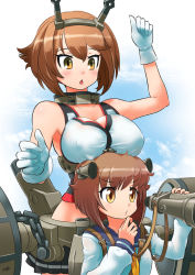  10s 2girls armpits bad_id bad_pixiv_id binoculars breast_rest breasts breasts_on_head brown_hair chain cleavage gloves hairband headgear kantai_collection krono_tokage kronosaurus large_breasts machinery midriff multiple_girls mutsu_(kancolle) o3o personification puckered_lips short_hair triangle_mouth yellow_eyes yukikaze_(kancolle) 