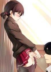  2boys age_difference black_hair blindfold blush bound brown_hair clothes_lift crossdressing domination erection hair_bobbles hair_ornament highres imminent_fellatio josou_seme male_focus multiple_boys no_panties open_mouth original penis penis_grab pleated_skirt red_eyes red_skirt short_hair shota skirt skirt_lift smegma testicles thighhighs third-party_edit trap uncensored wachiwo yaoi  rating:Explicit score:346 user:St._Araqiel