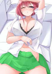  1girl arm_on_own_head arm_up black_bra blue_eyes blush bra bra_peek breasts cleavage collarbone collared_shirt commentary_request couch gluteal_fold go-toubun_no_hanayome green_skirt groin hair_between_eyes large_breasts looking_at_viewer lying micosiva nakano_ichika navel on_back open_clothes open_skirt parted_lips partially_unbuttoned pink_hair pleated_skirt shirt short_hair short_sleeves sidelocks skirt solo stomach underwear waking_up white_background white_shirt  rating:Sensitive score:69 user:danbooru