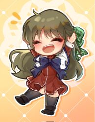  1girl :d ^_^ arms_up black_thighhighs blue_bow blush bow brown_hair capelet chibi closed_eyes commentary commission corrupted_twitter_file dress english_commentary floating_clothes floating_hair giovanka green_bow hair_between_eyes hair_bow half_updo happy highres kanon kurata_sayuri long_hair long_sleeves notice_lines open_mouth plaid plaid_bow red_dress second-party_source simple_background smile solo standing teeth thighhighs upper_teeth_only very_long_hair white_capelet yellow_background zettai_ryouiki 