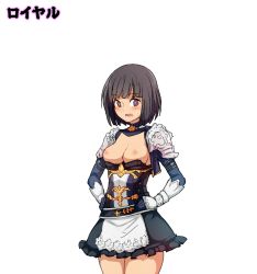 1girl apron armor belt black_hair blush breasts breasts_out character_name dress erika_(shadowverse) frilled_dress frills hands_on_own_hips looking_to_the_side medium_breasts nipples purple_eyes rowen_(shadowverse) shadowverse short_hair shoulder_armor solo sweatdrop waero waist_apron rating:Questionable score:56 user:danbooru
