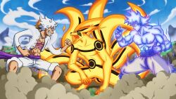  2boys absurdres alternate_form animal aura battle battle_damage battle_stadium_don blue_sky boruto:_naruto_next_generations boruto:_naruto_the_movie closed_mouth cloud cloud_hair cloudy_sky copyright_request curly_eyebrows devil_fruit_power dougi dragon_ball dragon_ball_(classic) dragon_ball_super dragonball_z dust_cloud facial_mark fighting fox gear_fifth giant giant_male giant_monster grey_hair grin hat hat_on_back highres kaijuu kitsune kurama_(naruto) kyuubi male_focus monkey_d._luffy multiple_boys multiple_tails muscular muscular_male naruto naruto:_the_last naruto_(series) naruto_shippuuden one_piece open_clothes open_mouth oversized_animal pants perfected_ultra_instinct_giant_form red_eyes sandals scar scar_on_chest scene_reference sean_cliff shirt short_hair shorts sky smile son_goku spiked_hair tail teeth topless_male torn_clothes ultra_instinct uzumaki_naruto whisker_markings white_hair wristband 