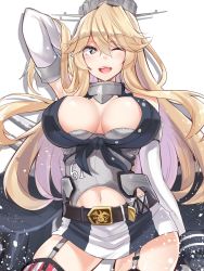 10s 1girl arm_behind_head belt belt_buckle bird black_belt blonde_hair blue_eyes breasts buckle collar eagle elbow_gloves garter_straps gloves hair_between_eyes hat headgear highres huge_breasts iowa_(kancolle) kantai_collection kazami_chiu long_hair looking_at_viewer midriff miniskirt navel one_eye_closed open_mouth rigging shadow simple_background skirt solo star-shaped_pupils star_(symbol) striped_clothes striped_skirt striped_thighhighs symbol-shaped_pupils teeth thighhighs turret two-tone_legwear vertical-striped_clothes vertical-striped_skirt vertical-striped_thighhighs white_background rating:Questionable score:37 user:danbooru