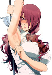1girl arm_up armpits atlus blush bow breasts covered_erect_nipples curly_hair eyelashes hair_over_one_eye highres impossible_clothes impossible_shirt ishii_takamori kirijou_mitsuru large_breasts long_hair looking_at_viewer parted_lips persona persona_3 presenting_armpit red_eyes red_hair see-through sega shirt sleeveless solo steam sweat sweatdrop sword weapon rating:Questionable score:114 user:creck