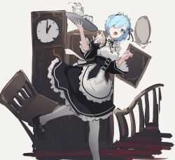 1girl absurdres analog_clock apron blue_eyes blue_hair blush breasts chair clock corset cup detached_collar detached_sleeves dress frilled_apron frills full_body grandfather_clock hair_ornament hair_over_one_eye hair_ribbon highres holding holding_tray looking_at_viewer maid maid_apron maid_headdress mary_janes medium_breasts nagishiro_mito open_mouth pink_ribbon re:zero_kara_hajimeru_isekai_seikatsu rem_(re:zero) ribbon roswaal_mansion_maid_uniform shoes short_hair simple_background smile solo teacup teapot thighhighs tray waist_apron white_apron white_background x_hair_ornament 