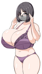  1girl adjusting_glasses bare_arms bare_legs bare_shoulders black_eyes black_hair bra breasts bursting_breasts cleavage collarbone curvy eyelashes female_focus gigantic_breasts glasses highres huge_breasts looking_at_viewer mask mouth_mask original pale_skin panties plump purple_bra purple_panties shiny_skin short_hair skindentation solo standing thick_thighs thighs todoshiroh underwear white_background 