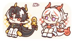  1boy 1girl :3 antlers arknights black_coat black_hair brother_and_sister checkered_background chibi chinese_commentary chong_yue_(arknights) closed_mouth coat commentary_request dragon_boy dragon_bubble_(arknights) dragon_horns dragon_tail earrings full_body fur-tipped_tail horns jacket jewelry juhao0101 long_hair long_sleeves looking_at_viewer low_ponytail multicolored_hair nian_(arknights) pants pointy_ears ponytail purple_eyes red_eyes red_hair ribbon siblings sitting smile streaked_hair tail tail_ornament tail_ribbon white_hair white_jacket white_pants yellow_background 