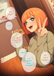  1girl :d artist_name blunt_bangs blush bright_pupils burger dutch_angle english_text food grey_eyes grey_sweater hands_up holding indoors long_sleeves looking_at_viewer mother_(yoru_mac) neocoill open_mouth orange_hair paid_reward_available patreon_username product_girl shadow short_hair sitting sleeves_past_wrists smile solo speech_bubble sweater teeth upper_body upper_teeth_only v watermark web_address white_pupils yoru_mac  rating:Sensitive score:60 user:danbooru