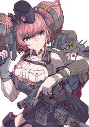 1girl ammunition_pouch anti-aircraft anti-aircraft_gun assault_rifle atlanta_(kancolle) blush boushi-ya breasts brown_hair earrings flag_of_the_united_states_navy garrison_cap gloves grey_eyes gun hair_ornament handgun hat holding holding_gun holding_weapon holster japanese_flag jewelry kantai_collection large_breasts long_hair long_sleeves m4_carbine machinery pouch radar rifle shirt simple_background skirt solo star_(symbol) star_earrings suspenders two_side_up weapon white_shirt 