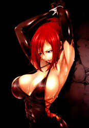  1girl absurdres arm_tattoo armpits arms_up bare_shoulders bdsm black_dress black_gloves blue_eyes bondage bound bound_arms bound_wrists breasts cleavage covered_navel criss-cross_halter dress elbow_gloves erza_scarlet fairy_tail folded_ponytail gloves halter_dress halterneck highres hiramoto_akira large_breasts lips long_hair non-web_source official_art parted_lips red_hair restrained short_hair skin_tight skindentation solo strap_gap sweat tattoo  rating:Questionable score:45 user:danbooru