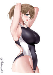  1girl arms_behind_head black_one-piece_swimsuit blue_eyes blush breasts brown_hair collarbone competition_swimsuit cowboy_shot ebifurya from_side hair_between_eyes highres intrepid_(kancolle) kantai_collection large_breasts looking_at_viewer looking_to_the_side one-hour_drawing_challenge one-piece_swimsuit open_mouth ponytail short_hair simple_background smile solo swimsuit twitter_username two-tone_swimsuit white_background white_one-piece_swimsuit 