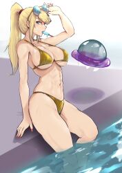  1girl abs bikini blonde_hair blue_eyes breasts commentary english_commentary eyewear_on_head food food_in_mouth gold_bikini high_ponytail highres large_breasts looking_at_viewer metroid metroid_(creature) nintendo pool popsicle popsicle_in_mouth samus_aran sitting soaking_feet solo strap_gap sunglasses swimsuit vialnite water 