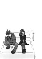  1boy 1girl arc_the_lad_ii casual commentary_request elc_(arc_the_lad) greyscale jacket kukuru_(arc_the_lad) long_hair monochrome pantyhose stairs yadoso 