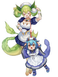  2girls :3 absurdres apron arms_up blue_dress blue_hair blue_tail blush breasts cleavage closed_eyes cup curly_hair dragon_girl dragon_horns dragon_tail dress duel_monster fang fingerless_gloves full_body gloves green_hair green_tail highres holding holding_cup holding_teapot horns large_breasts laundry_dragonmaid long_hair looking_up maid maid_headdress multiple_girls open_mouth parlor_dragonmaid senada37 simple_background tail teapot twintails white_background yu-gi-oh!  rating:General score:3 user:danbooru