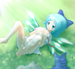 1girl arinu barefoot bloomers blue_eyes blue_hair blush bottomless bow breasts cirno embodiment_of_scarlet_devil feet grass hair_bow ice lying matching_hair/eyes nipples open_clothes open_shirt shirt short_hair small_breasts solo touhou underwear wings rating:Questionable score:16 user:danbooru