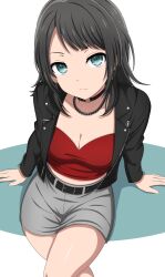  1girl bang_dream! bang_dream!_it&#039;s_mygo!!!!! belt black_hair black_jacket blue_background blue_eyes breasts chain chain_necklace cleavage closed_mouth earrings expressionless grey_shirt highres jacket jewelry long_hair long_sleeves looking_at_viewer medium_breasts necklace noshimurin open_clothes open_jacket red_shirt shirt sitting solo two-tone_background white_background yahata_umiri 