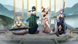  4girls absurdres alternate_costume aqua_eyes arknights bare_shoulders black_hair blonde_hair blue_hair braid chinese_clothes chinese_commentary closed_eyes closed_mouth clothes_writing colored_extremities commentary_request day dragon_girl dragon_horns dragon_tail dusk_(arknights) earrings flute full_body ghosty_(xiaobai) gold grass grey_hair group_picture hair_between_eyes hair_intakes hair_over_one_eye half-closed_eyes highres holding holding_instrument horns instrument jewelry ling_(arknights) long_hair long_sleeves looking_at_viewer mountain multicolored_hair multiple_girls music nian_(arknights) off_shoulder one_eye_covered outdoors overgrown playing_instrument pointy_ears ponytail red_hair shakuhachi short_sleeves shorts shu_(arknights) siblings sisters sitting smile stairs standing streaked_hair tail trumpet white_hair white_shorts wide_sleeves 