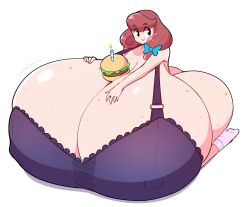  1girl ass bra breasts burger cleavage gigantic_breasts highres huge_ass socks solo theycallhimcake underwear 