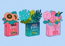  absurdres blue_background brand_name_imitation english_text flower food highres leaf meyoco monstera_deliciosa no_humans original peony_(flower) plant pocky simple_background sparkle sunflower 