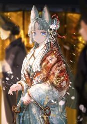  1girl absurdres animal_ear_fluff animal_ears blue_eyes blurry blurry_background chinese_clothes closed_mouth depth_of_field floral_print flower fox_ears gawako grey_hair hair_flower hair_ornament hanfu highres japanese_clothes kimono light_particles long_hair long_sleeves looking_at_viewer non-web_source original parted_bangs petals red_rope rope sidelocks signature solo_focus standing tassel very_long_hair wide_sleeves 