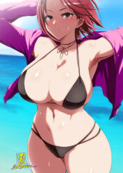  1girl beach bikini black_bikini breasts brown_eyes brown_hair cowboy_shot curvy highres large_breasts looking_at_viewer okyou open_clothes open_shirt purple_shirt shirt short_hair signature snk swimsuit the_king_of_fighters whip_(kof) 