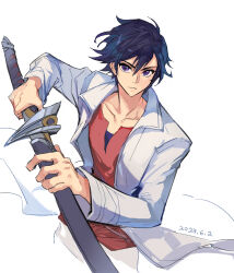  1boy black_hair coat dated eiyuu_densetsu feng_you floating_clothes hair_between_eyes highres holding holding_sword holding_weapon kai_no_kiseki katana looking_at_viewer open_clothes open_coat parted_bangs purple_eyes rean_schwarzer sheath simple_background solo sword unsheathing weapon white_background 