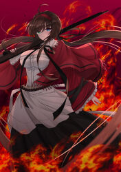  1girl absurdres ahoge ammunition bandolier black_ribbon black_skirt blue_eyes blunt_bangs blush bow breasts brown_hair bullet buttons cleavage closed_mouth dress fire frilled_sleeves frills green_eyes gun hair_ribbon hairband heterochromia highres holding holding_gun holding_weapon large_breasts long_hair looking_at_viewer low_twintails over_shoulder red_background red_hairband red_shawl red_sleeves ribbon rifle ryoubi_(senran_kagura) senran_kagura senran_kagura_shinovi_versus shawl simple_background skirt sleeves_past_wrists smoke solo twintails very_long_hair waist_bow weapon weapon_over_shoulder white_dress yorozuya_(yoroz_ryobi) 