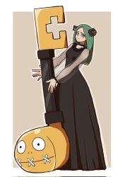  1girl a.b.a alternate_costume alternate_form black_dress corrupted_twitter_file dress green_eyes green_hair guilty_gear guilty_gear_strive highres holding holding_instrument instrument key key_in_head long_hair looking_at_viewer nirade44 object_through_head otamatone paracelsus_(guilty_gear) stitched_mouth stitches 