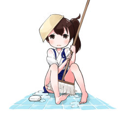  10s 1girl barefoot bowl bowl_hat broom brown_eyes brown_hair commentary_request feet hakama hakama_short_skirt hakama_skirt hat holding holding_broom japanese_clothes kaga_(kancolle) kantai_collection looking_at_viewer nakashino_setsu open_mouth side_ponytail sitting skirt soap soles solo tasuki tile_floor tiles toes water aged_down 