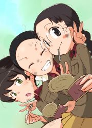  3girls black_eyes black_hair blush_stickers bow braid brown_eyes brown_hair brown_jacket can chi-hatan_military_uniform closed_mouth commentary_request dirty dirty_face double_v dutch_angle eating fukuda_haru girls_und_panzer glasses green_eyes grin hair_bow hair_pulled_back hair_rings highres holding holding_can hosomi_shizuko ikeda_emi jacket long_hair long_sleeves looking_at_viewer low_ponytail medium_hair military military_uniform miniskirt multiple_girls ogihara_mach open_mouth pleated_skirt ponytail rimless_eyewear round_eyewear short_hair sitting skirt smile sweat twin_braids twintails uniform utensil_in_mouth v white_bow yellow_skirt  rating:Sensitive score:6 user:danbooru