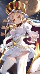  1girl arms_at_sides arrow_(projectile) backlighting belt blonde_hair blurry blurry_background breasts cape closed_mouth contrapposto corset crown dark_background dot_nose drill_hair feet_out_of_frame fingernails forehead_jewel fur-trimmed_cape fur_trim gem gold_trim gradient_background half-closed_eyes head_tilt high_collar highres holy_mami impossible_clothes juliet_sleeves large_breasts light_particles light_smile long_sleeves looking_at_viewer looking_down magia_record:_mahou_shoujo_madoka_magica_gaiden mahou_shoujo_madoka_magica mahou_shoujo_madoka_magica_(anime) neck_ribbon puffy_sleeves ribbon skirt solo soul_gem striped_clothes striped_thighhighs swept_bangs taka.yana thighhighs tomoe_mami twin_drills twitter_username two-sided_cape two-sided_fabric veil vertical-striped_clothes vertical-striped_thighhighs white_belt white_corset white_skirt white_thighhighs white_veil yellow_eyes yellow_gemstone yellow_ribbon zettai_ryouiki 