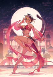  1girl animal_ears anklet ass barefoot blonde_hair breasts brown_hair building cat_ears cat_tail dancer_(final_fantasy) dr_altruist earrings facial_mark final_fantasy final_fantasy_xiv full_moon hair_between_eyes highres jewelry large_breasts lips miqo&#039;te moon night night_sky palm_tree see-through see-through_sleeves shirokaze_yukihime short_hair sky solo tail thighlet tree warrior_of_light_(ff14) whisker_markings 