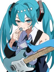  1girl aqua_eyes aqua_hair bare_shoulders black_sleeves blue_necktie bright_pupils closed_mouth collared_shirt commentary detached_sleeves electric_guitar guitar hair_between_eyes hair_ornament half-closed_eye hand_up hatsune_miku highres instrument long_hair long_sleeves looking_at_viewer mouth_hold mykokampfwagen necktie plectrum shirt simple_background sleeveless sleeveless_shirt solo sweat twintails upper_body very_long_hair vocaloid white_background white_pupils white_shirt 