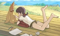  1girl :o bad_id bad_pixiv_id barefoot blue_sky bush child cloud commentary_request crayon creature crumpled_paper cushion day dirt_road eraser feet_up full_body grass hair_bobbles hair_ornament hand_on_own_face harusame_(rueken) head_rest horizon hoshimaru house looking_at_hand low_twintails lying medium_hair narutaru ocean on_floor on_stomach outdoors paper purple_hair road sand shirt short_sleeves short_twintails shorts sidelocks sky smile t-shirt tamai_shiina twintails white_shirt wooden_floor 