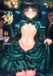  1girl 2boys absinthe absinthe_glass absurdres alcohol background_characters black_hair blurry blurry_background blush bob_cut bow bowtie breastless_clothes breasts breasts_out business_suit clothes_lift clothing_cutout collarbone commission cup cutout dress drinking_glass evening_gown exhibitionism formal frilled_dress frilled_skirt frills green_eyes highres holding holding_glass huge_filesize loli looking_at_viewer medium_hair midriff multiple_boys narrow_waist navel nipples oh_you_udon original party people petite presenting public_indecency revealing_clothes revealing_dress reverse_outfit skeb_commission skirt skirt_lift slender small_breasts smile solo_focus standing suit waiter wine wine_glass 