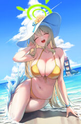  2girls ;d absurdres animal_ears arm_support beach bikini black_bikini black_hair blonde_hair blue_archive blue_sky blush bracelet breasts cat_ears cleavage closed_eyes cloud day dong_ji facing_viewer flower front-tie_bikini_top front-tie_top full_body halo halterneck hat hat_flower highres jewelry large_breasts long_hair multiple_girls navel nonomi_(blue_archive) nonomi_(swimsuit)_(blue_archive) official_alternate_costume one_eye_closed open_mouth outdoors revision serika_(blue_archive) serika_(swimsuit)_(blue_archive) side-tie_bikini_bottom sideboob sky smile solo_focus stomach string_bikini sun_hat swimsuit twintails very_long_hair water white_hat yellow_bikini yellow_flower 