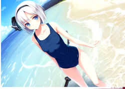 1girl absurdres beach black_hairband blue_eyes breasts cameltoe collarbone covered_erect_nipples day dutch_angle hairband highres katana ke-ta konpaku_youmu konpaku_youmu_(ghost) looking_at_viewer navel non-web_source one-piece_swimsuit outdoors scabbard school_swimsuit sheath sheathed short_hair silver_hair small_breasts solo swimsuit sword touhou translation_request water weapon wet rating:Questionable score:28 user:danbooru