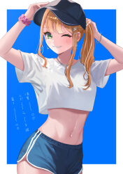  1girl ;d absurdres baseball_cap blush commentary_request cropped_torso dolphin_shorts gakuen_idolmaster hat highres idolmaster looking_at_viewer navel one_eye_closed open_mouth orange_hair ponytail scrunchie shirt shiun_sumika short_shorts short_sleeves shorts sidelocks simple_background smile solo stomach translation_request two-tone_background utatarou white_shirt wrist_scrunchie 