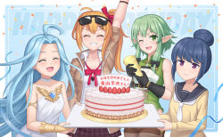  4girls absurdres ahoge arm_up birthday black_gloves blue_hair cake closed_eyes commentary_request confetti eyewear_on_head food girls&#039;_frontline gloves goblin_slayer goblin_slayer! granblue_fantasy green_hair hair_bun happy_birthday high_elf_archer_(goblin_slayer!) highres kalina_(girls&#039;_frontline) lyria_(granblue_fantasy) multiple_girls one_eye_closed orange_hair party_popper pointy_ears pralinesquire purple_eyes red_ribbon ribbon sunglasses touyama_nao voice_actor_connection yurucamp 