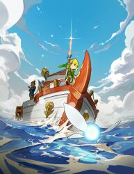  1girl 2boys afloat blonde_hair blue_sky boat cloud cloudy_sky fairy green_headwear green_tunic highres holding linebeck link male_focus master_sword multiple_boys navi nintendo ocean on_water outdoors pointy_ears sailing_ship sky the_legend_of_zelda the_legend_of_zelda:_phantom_hourglass toon_link tunic two_pokemon water watercraft 