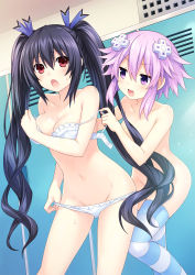 2girls :o black_hair blush bra breasts convenient_censoring covering_breasts covering_privates hair_between_eyes hair_censor highres locker locker_room long_hair looking_at_another medium_breasts multiple_girls naughty_face navel neptune_(neptunia) neptune_(series) noire_(neptunia) nude official_art open_mouth panties purple_eyes purple_hair red_eyes removing_bra short_hair striped_clothes striped_thighhighs tagme thighhighs tsunako twintails underwear undressing_another very_long_hair white_bra yuri rating:Questionable score:84 user:flashpoint