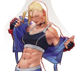  abs ahoge blonde_hair cammy_white choker closed_eyes commentary crop_top english_commentary facial_scar fingerless_gloves gloves highres kenji_uz light_smile muscular muscular_female partially_undressed scar scar_on_cheek scar_on_face street_fighter street_fighter_6 undressing 